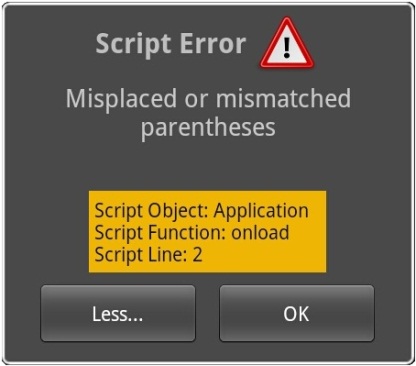 Runtime error dialog box on an Android device.